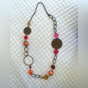 Pink and Orange Beaded Necklace with Antique Bronze Metal Chain.
